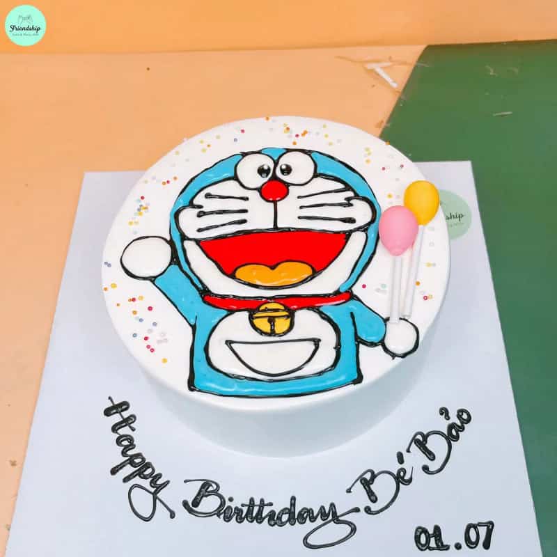 Bánh sinh nhật vẽ Doraemon 2D vui vẻ