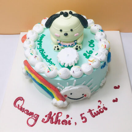 Bánh sinh nhật cho bé trai tạo hình chú cún với khung cảnh 7 sắc cầu vồng